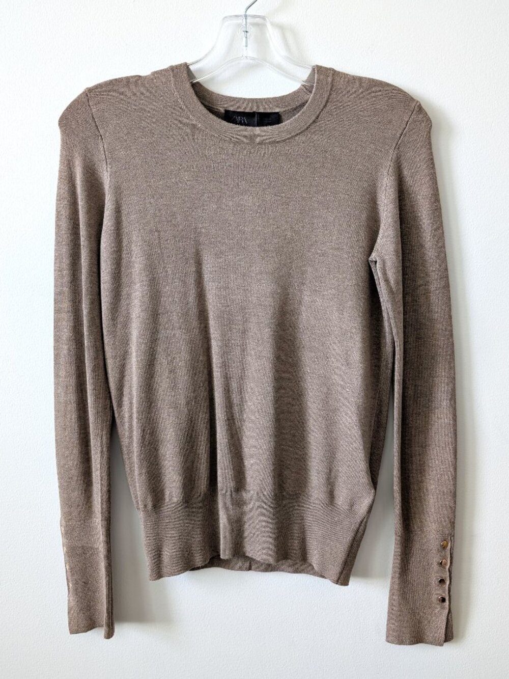 NWT ZARA Taupe Fine Knit Crewneck Sweater with Gold Button Cuffs | Small